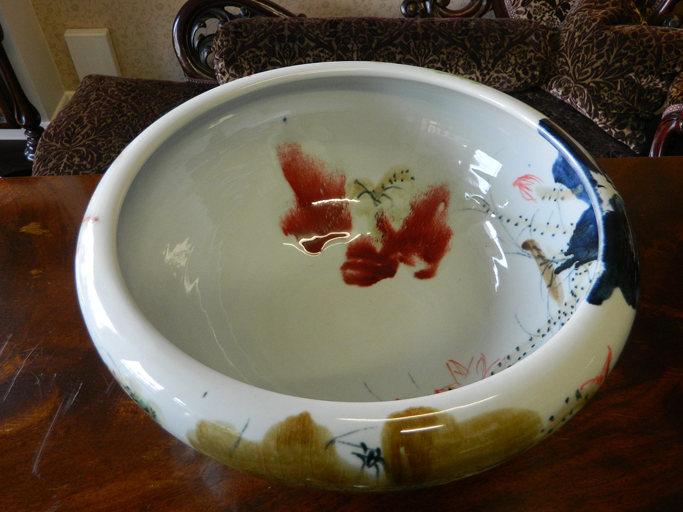 White Handmade Porcelain Bowl with Free Hand Painted Water Lily