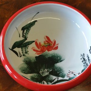 Handmade Porcelain Red Bowl with Free Hand Painted Water Lily Inside