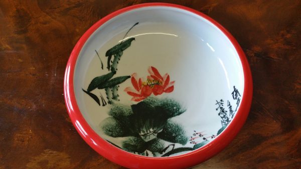 Handmade Porcelain Red Bowl with Free Hand Painted Water Lily Inside