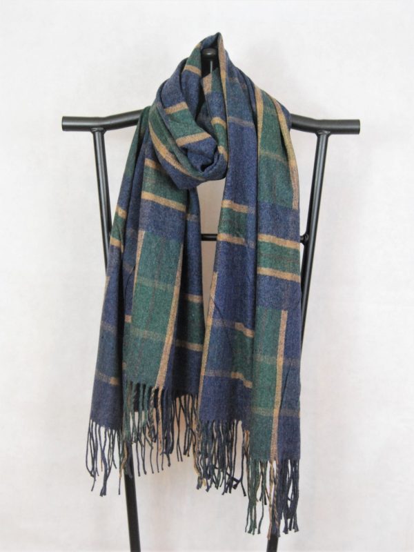 Wide Woven Winter Scarf with Large Check Design (Mustard, Green, Blue)