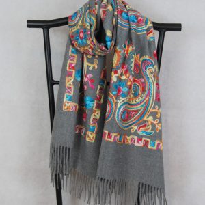 Gray Persian Winter Scarf with Paisley Pattern Embroidery