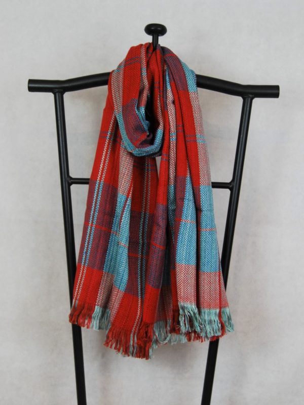 Red and Aqua Shangri-La Hand-Woven Organic Light Cotton Scarf