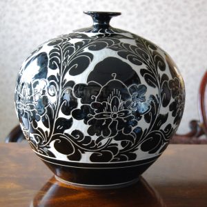 Black Porcelain Vase with Floral Design