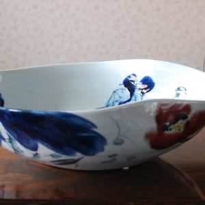 Handmade Porcelain Bowl with Blue Water Lily Inside and Out
