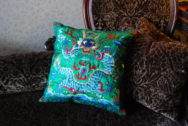 Silk Embroidery Green Dragon Design Cushion Throw Pillow